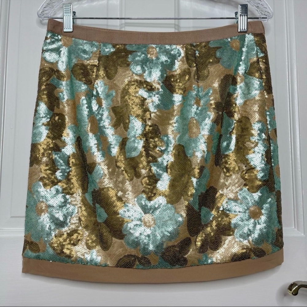 Forever 21 Love Gold and Blue Floral Sequin Mini Skirt size Medium (M)